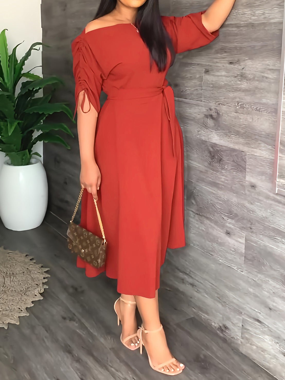 Maxi Dresses - Sloping Shoulder Tie Mid Sleeve Dress - MsDressly