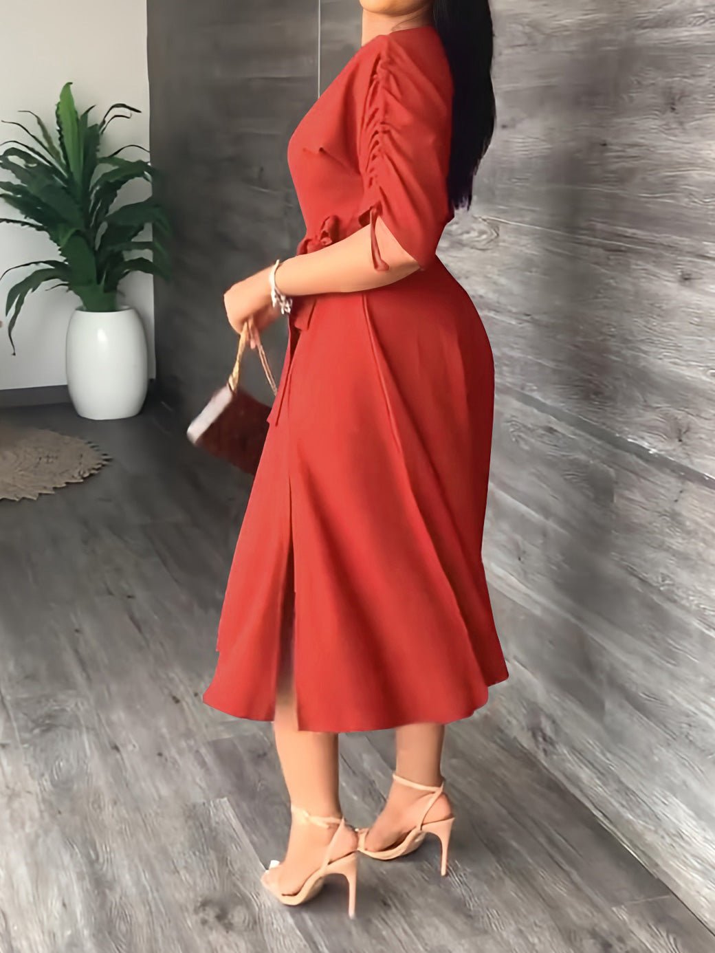 Maxi Dresses - Sloping Shoulder Tie Mid Sleeve Dress - MsDressly