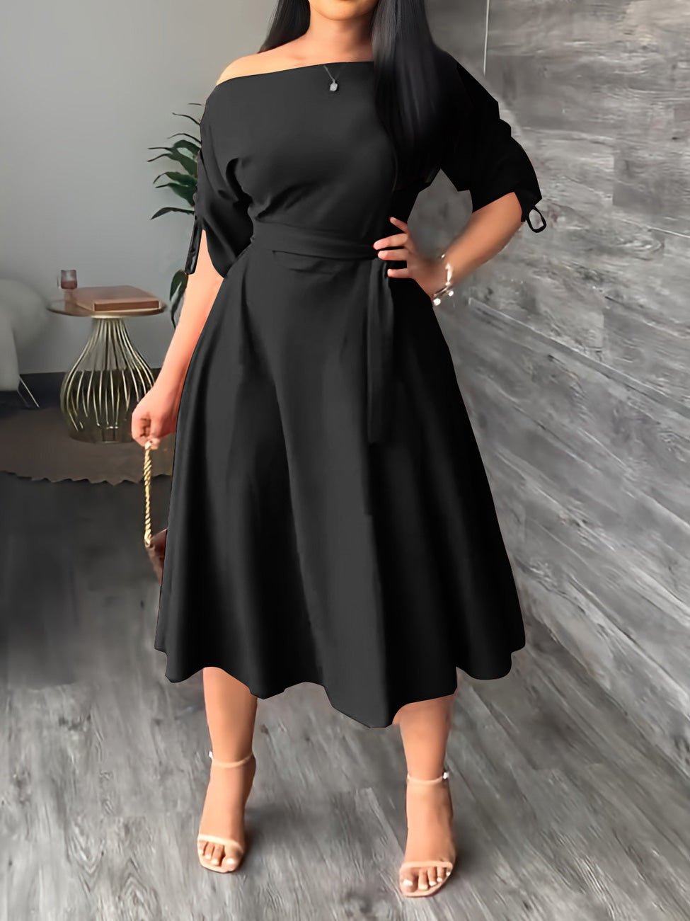 Maxi Dresses - Sloping Shoulder Tie Mid Sleeve Dress - MsDressly