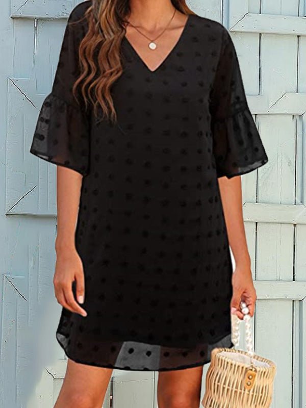 Mini Dresses - Solid Jacquard Dots Chiffon Short Sleeve Dress - MsDressly