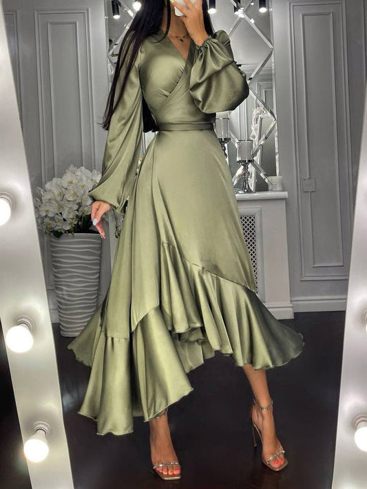 Solid Long Sleeve Ruffle Slim Fit Dress