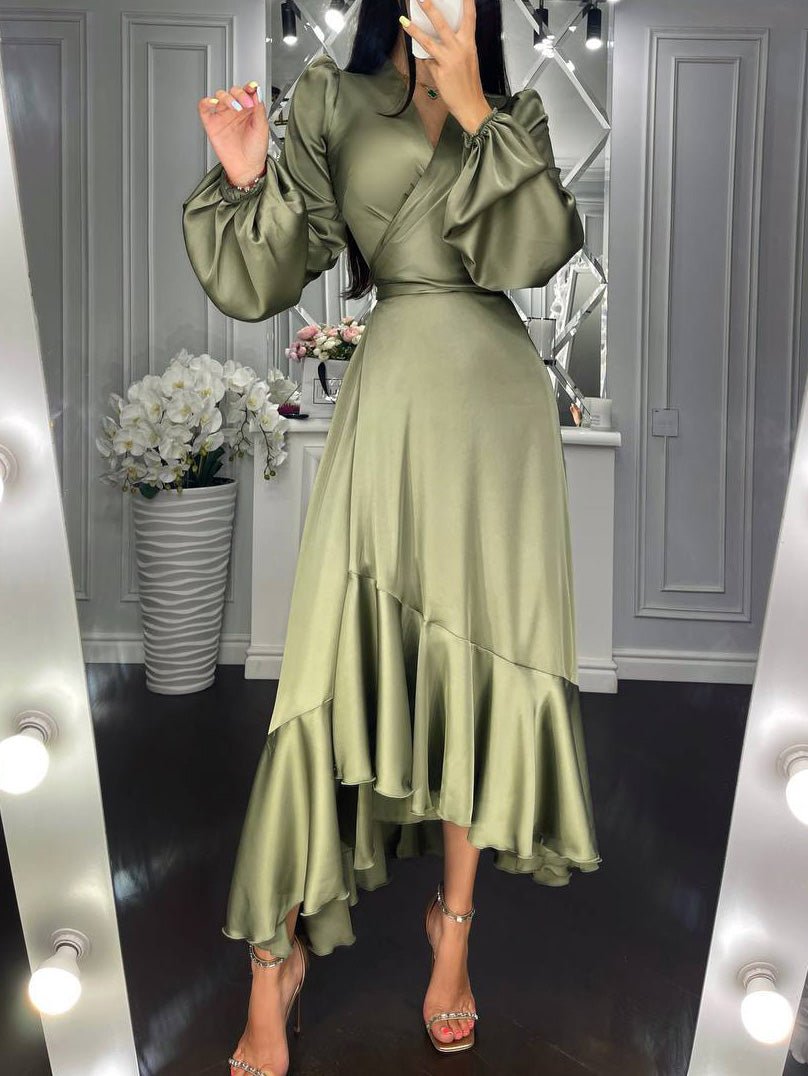 Maxi Dresses - Solid Long Sleeve Ruffle Slim Fit Dress - MsDressly