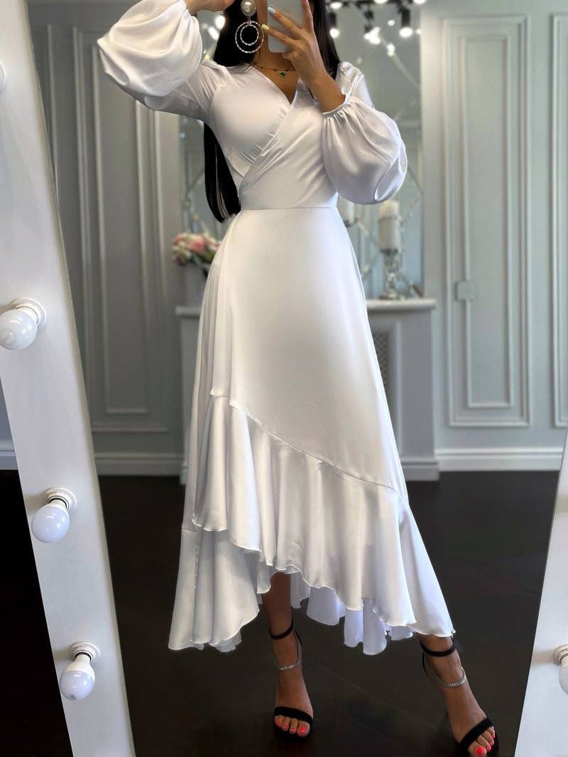 Maxi Dresses - Solid Long Sleeve Ruffle Slim Fit Dress - MsDressly