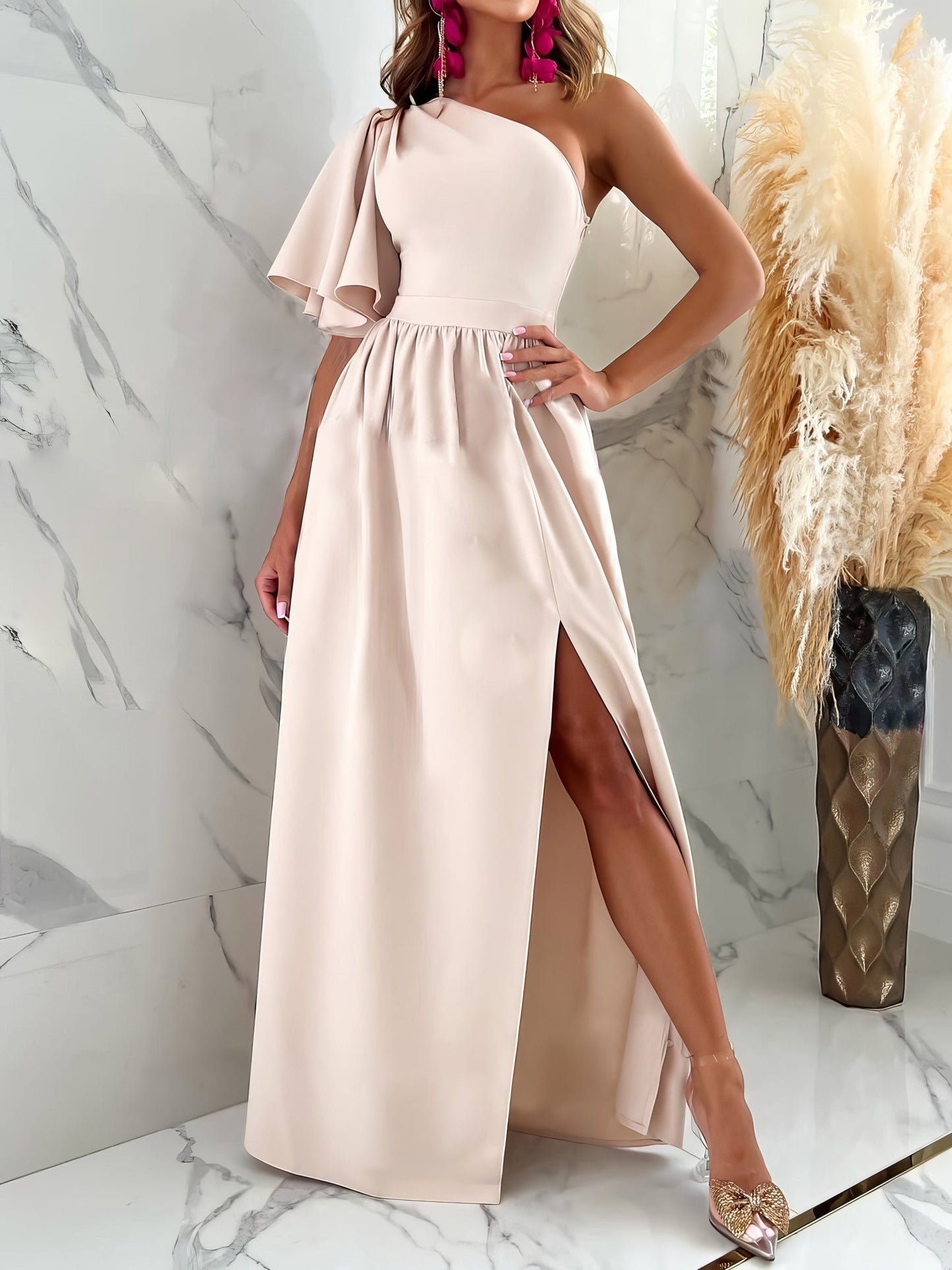 Maxi Dresses - Solid Sloping Shoulder Slit Dress - MsDressly