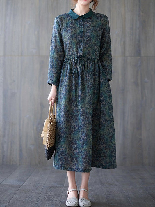 Vintage Print Button Elastic Waist Long Sleeve Dress