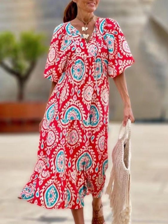 Maxi Dresses - Vintage Print Puff Sleeve Maxi Dress - MsDressly