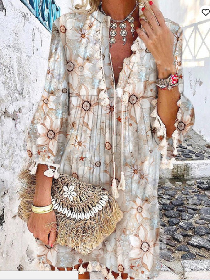 Mini Dresses - Vintage Print V-Neck Long Sleeve Fringe Dress - MsDressly