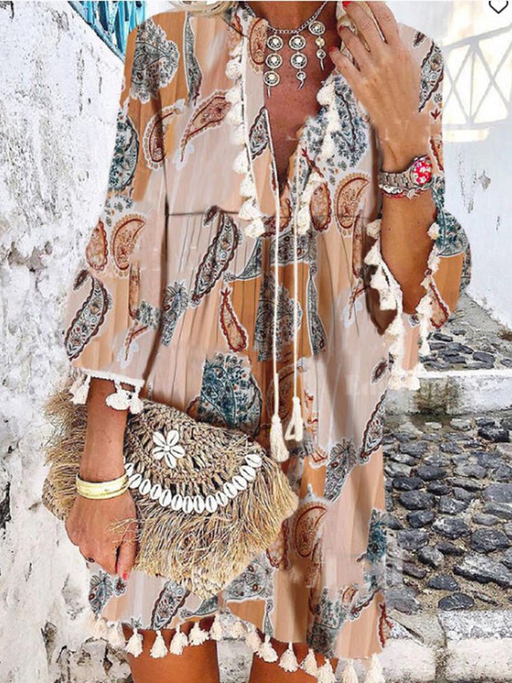 Mini Dresses - Vintage Print V-Neck Long Sleeve Fringe Dress - MsDressly