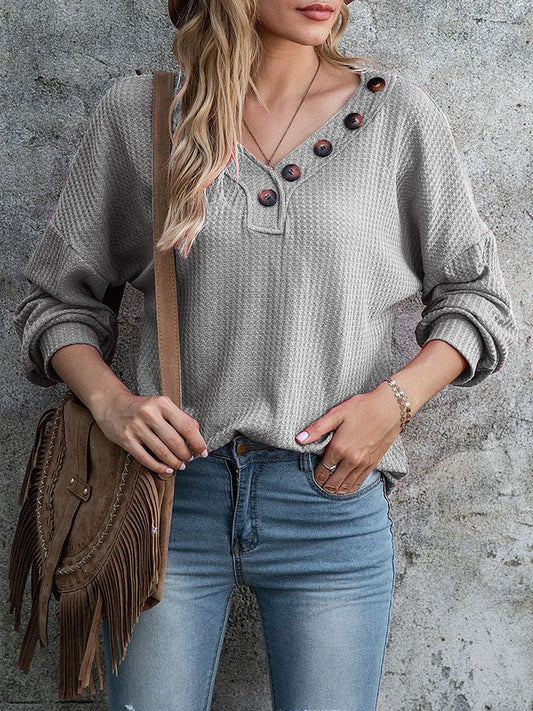 V Neck Loose Knitted Button Sweatshirt