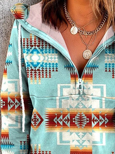 Hoodies - Vintage Print Half-Zip Long Sleeve Hoody - MsDressly