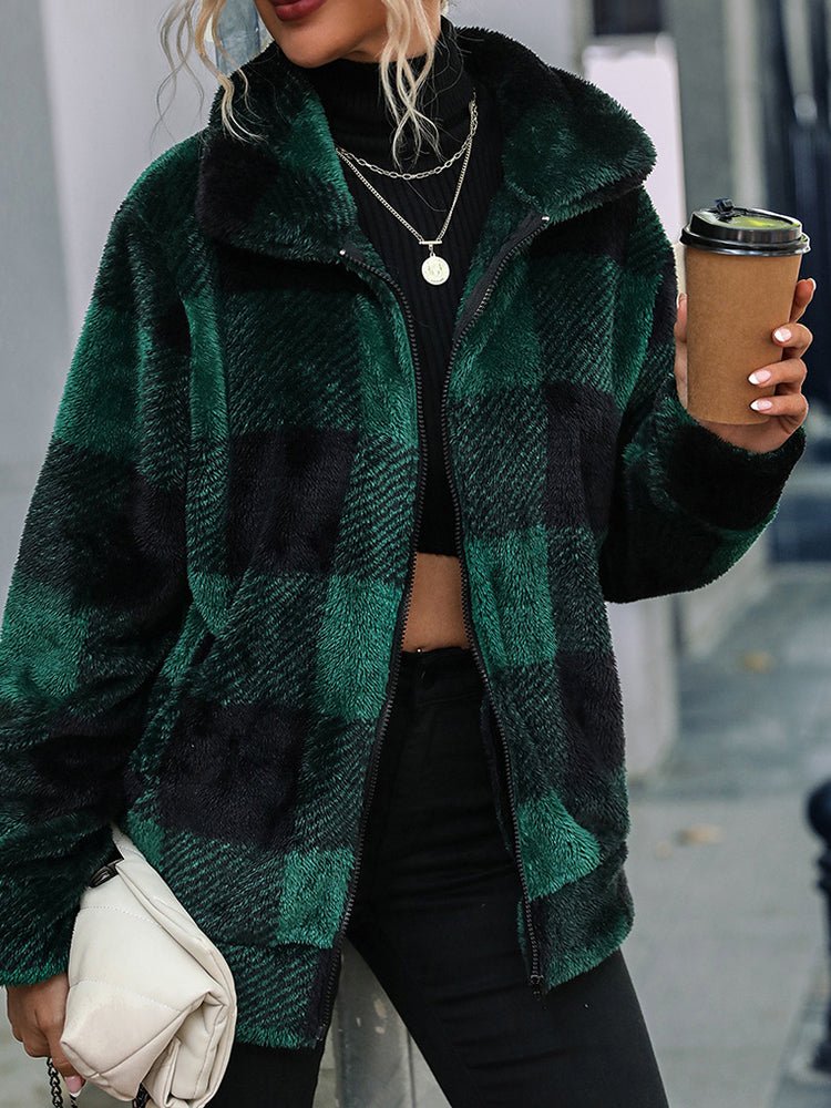 Jackets - Double-Face Fleece Collar Plaid Jacket - MsDressly