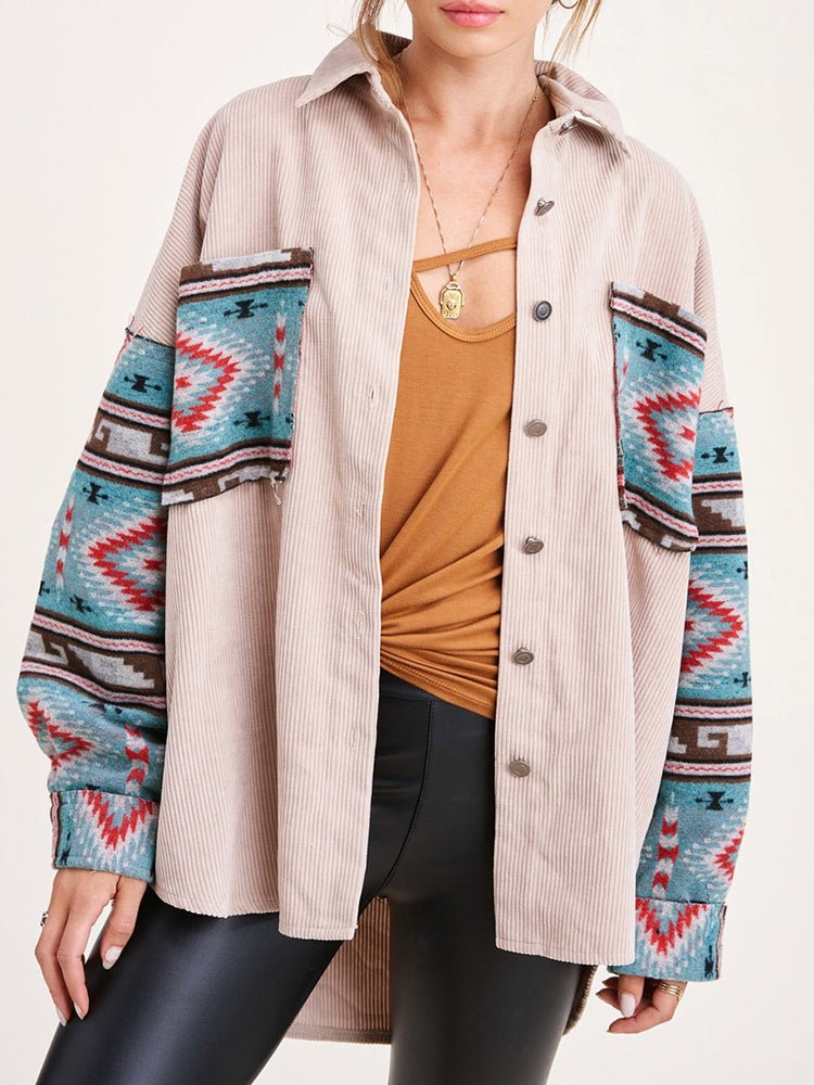Jackets - Panel Long Sleeve Printed Corduroy Jacket - MsDressly