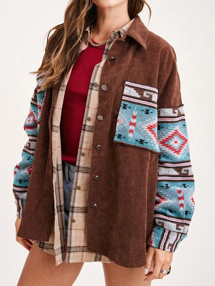 Jackets - Panel Long Sleeve Printed Corduroy Jacket - MsDressly