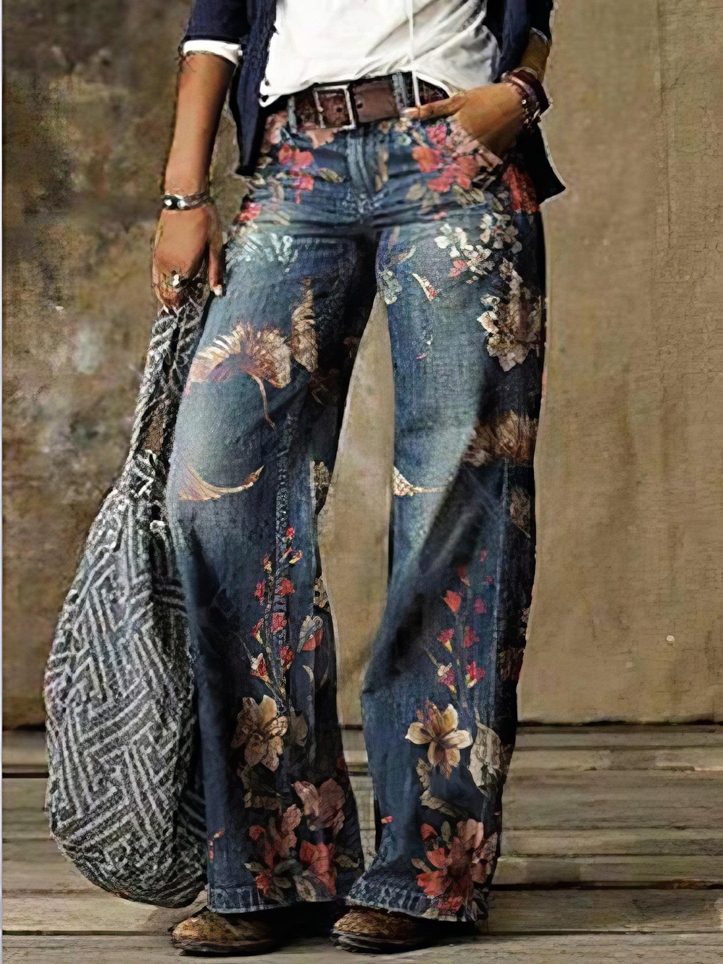 Jeans - Casual Floral Print Pocket Wide-Leg Jeans - MsDressly