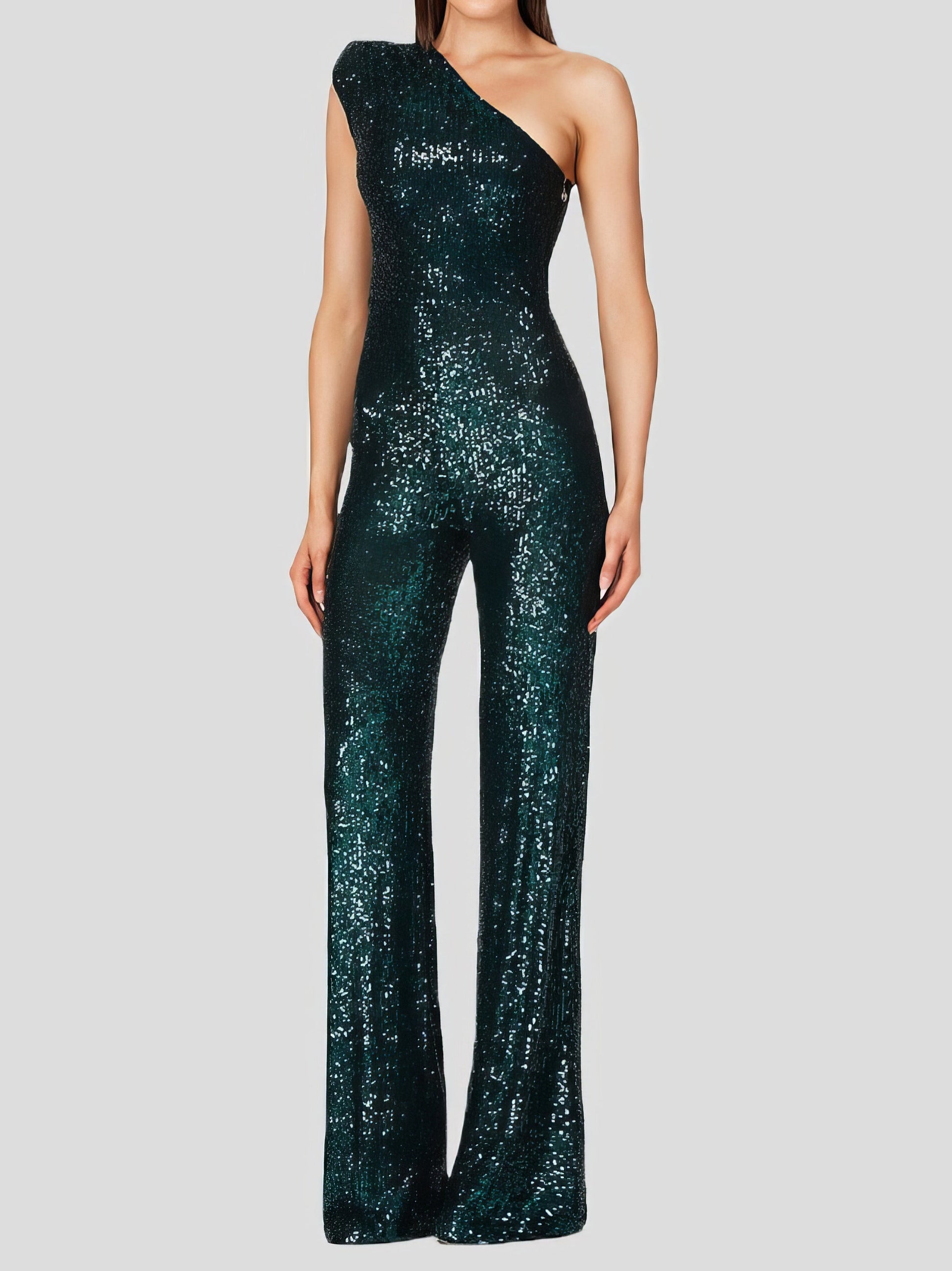 Jumpsuits - One-Shoulder Sequined Slim-Fit Jumpsuit - MsDressly