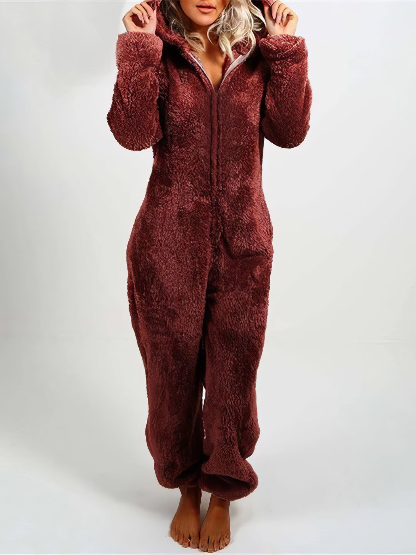 Pajamas - Furry Zipper Jumpsuit Hooded Pajamas - MsDressly
