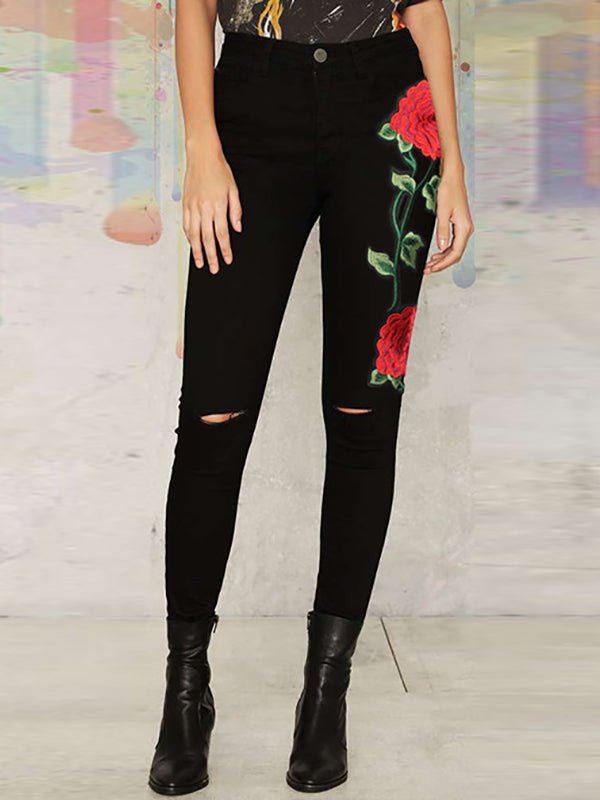 Jeans - Denim Embroidered High Waist Jeans - MsDressly