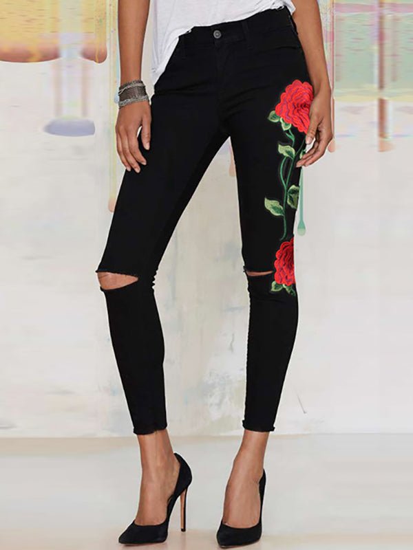 Jeans - Denim Embroidered High Waist Jeans - MsDressly