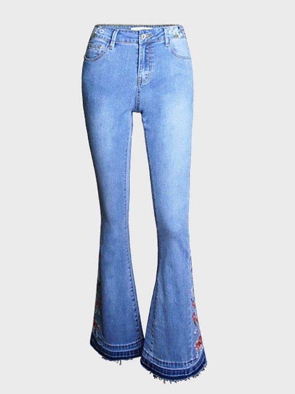Jeans - Embroidered Denim Flared Jeans - MsDressly