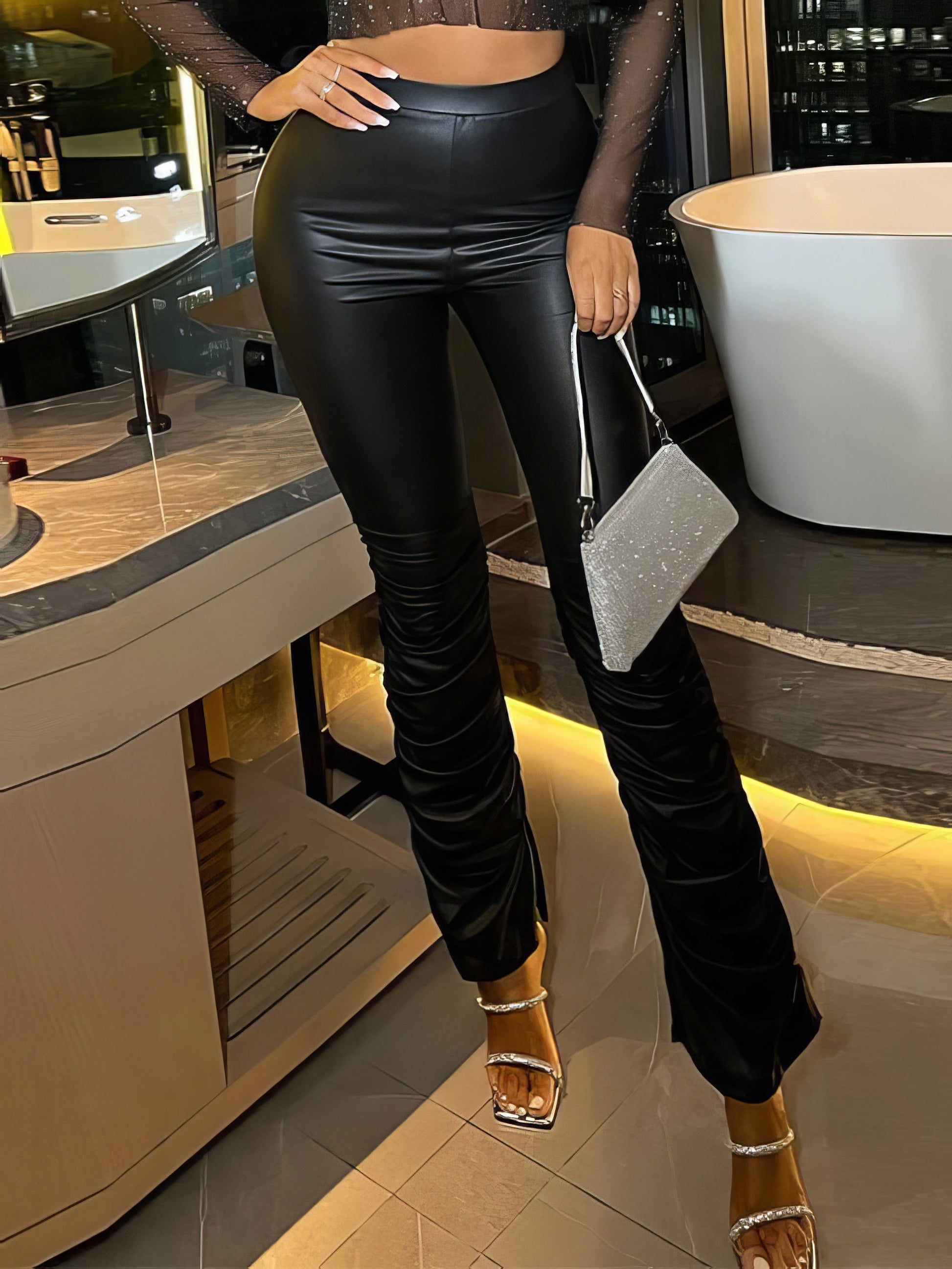 Pants - High Waist Pleated Hem PU Leather Pants - MsDressly