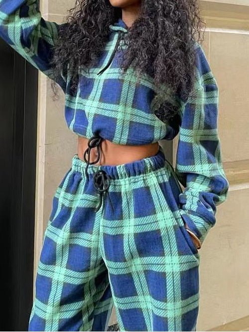 Sets - Check Contrast Hoodie & Trousers Two-Piece Set - MsDressly