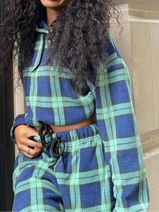 Sets - Check Contrast Hoodie & Trousers Two-Piece Set - MsDressly