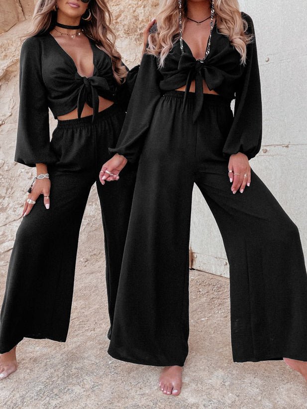 Sets - Knotted Long Sleeve Top & Wide Leg Pants Two-Piece Set - MsDressly