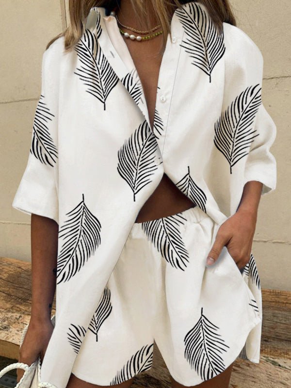 Sets - Leaf Print Short Sleeve Shirt & Shorts Two-Piece Set - MsDressly