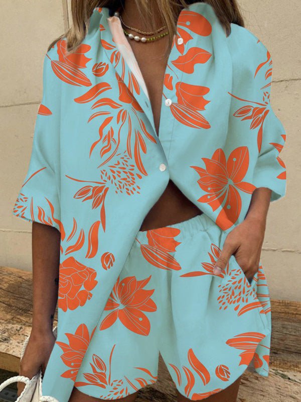 Sets - Leaf Print Short Sleeve Shirt & Shorts Two-Piece Set - MsDressly
