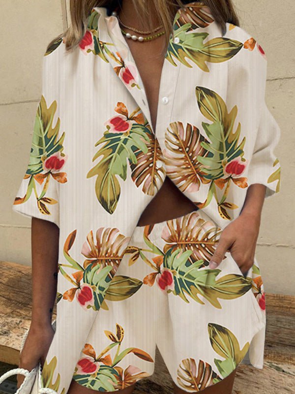 Sets - Leaf Print Short Sleeve Shirt & Shorts Two-Piece Set - MsDressly