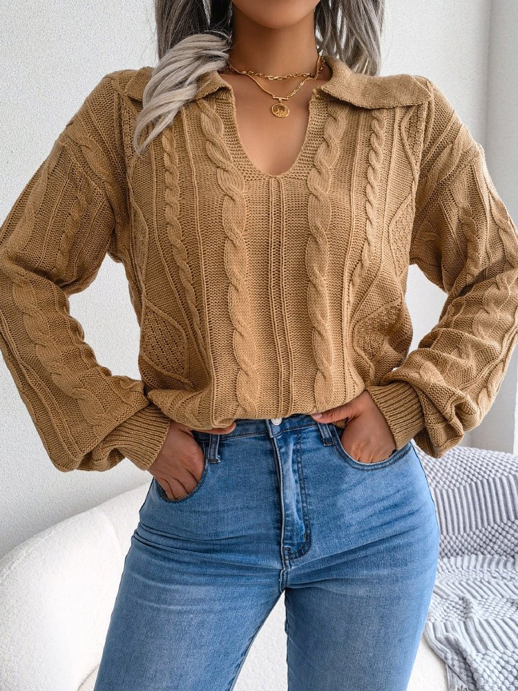 Sweaters - Casual Lapel Twist Long Sleeve Knit Sweater - MsDressly