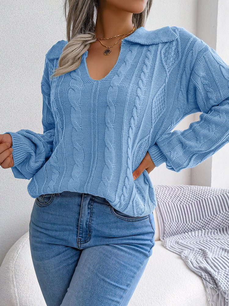 Sweaters - Casual Lapel Twist Long Sleeve Knit Sweater - MsDressly