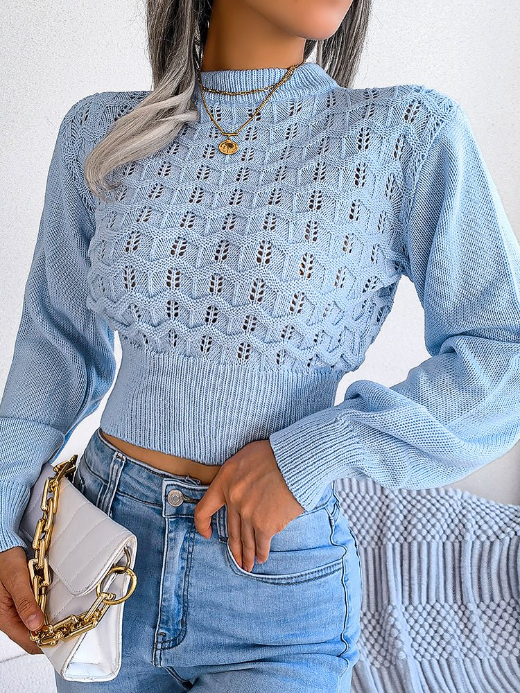 Sweaters - Cutout Striped Balloon Sleeve Cropped Knit Sweater - MsDressly