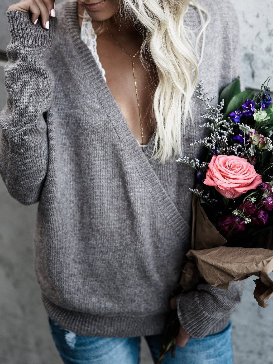 Sweaters - Deep V-Neck Long Sleeve Knitted Sweater - MsDressly