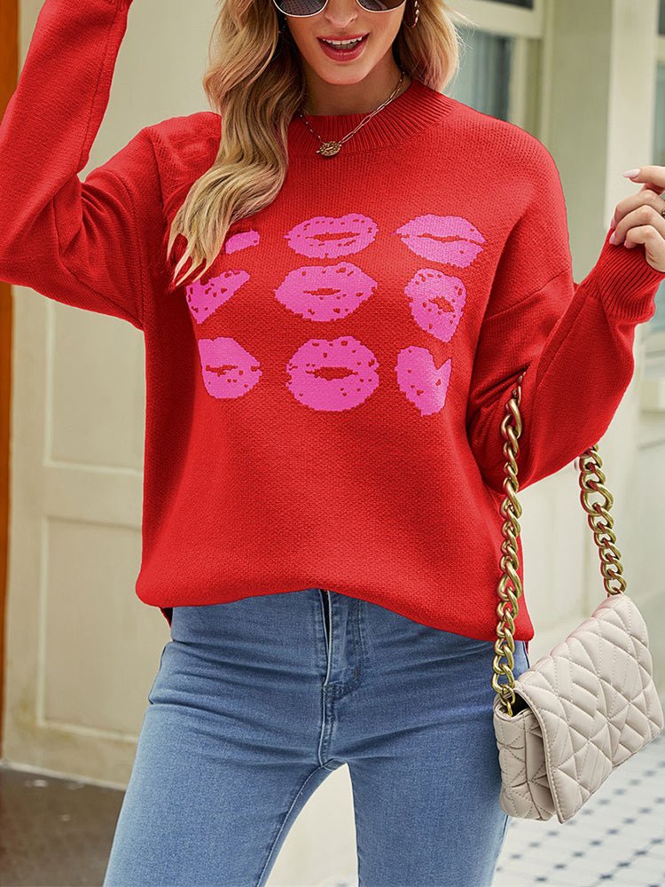 Sweaters - Knitted Love Lips Printed Long Sleeved Sweater - MsDressly