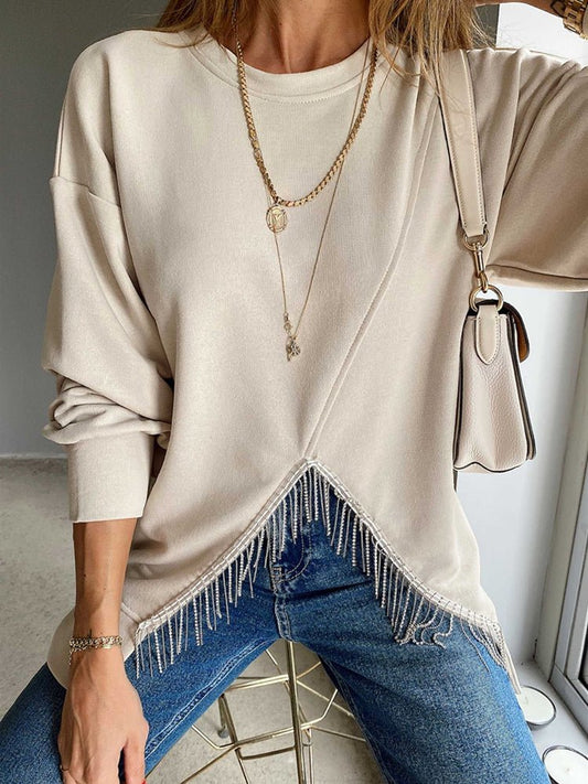 Round Neck Solid Split Tassel Loose Casual Hoodie