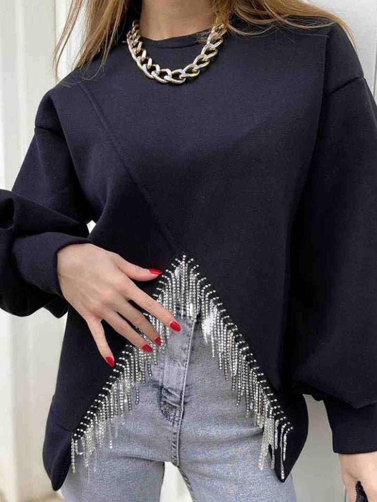 Round Neck Solid Split Tassel Loose Casual Hoodie