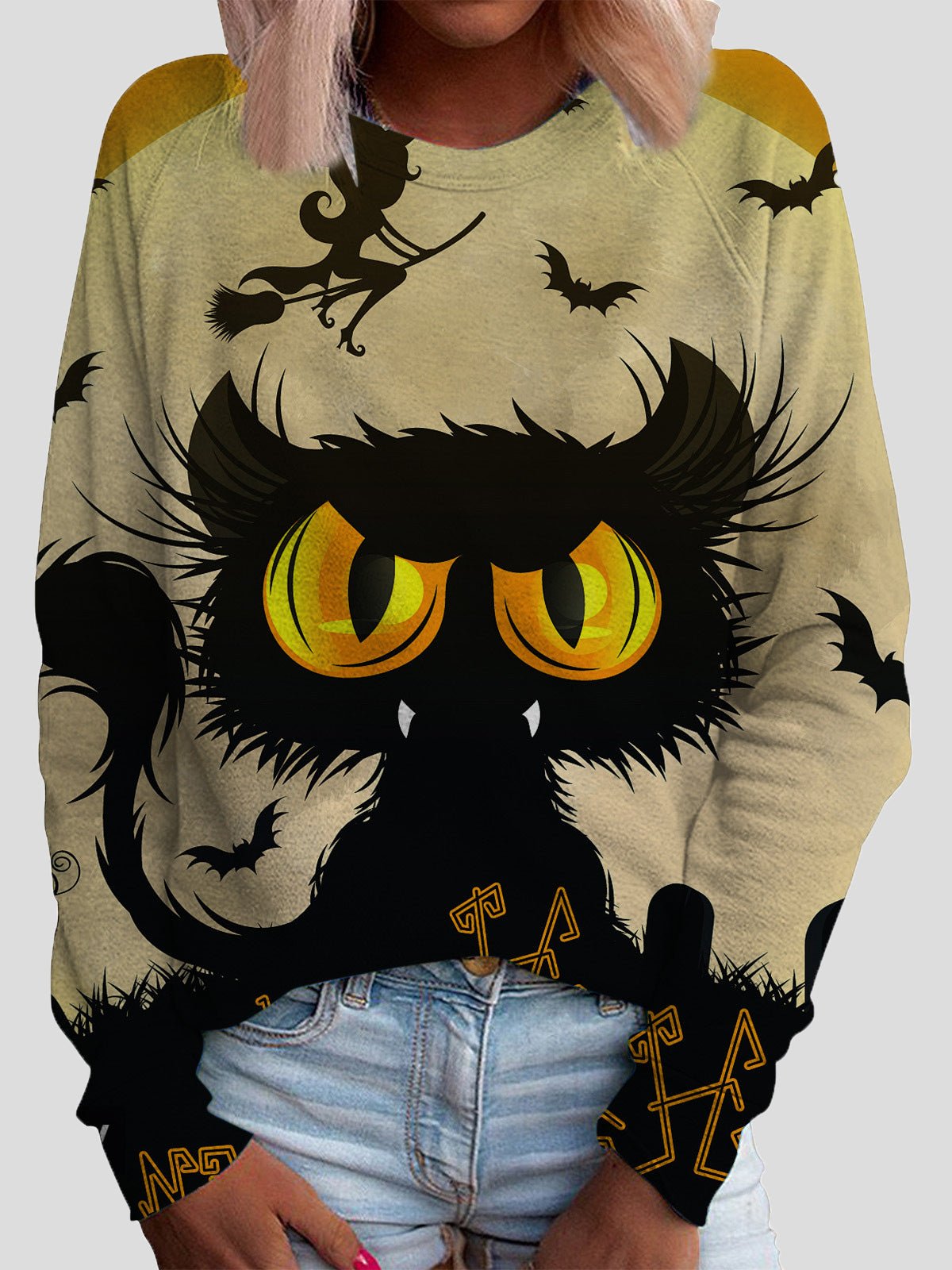 T-Shirts - Cat Print Round Neck Long Sleeve T-Shirt - MsDressly