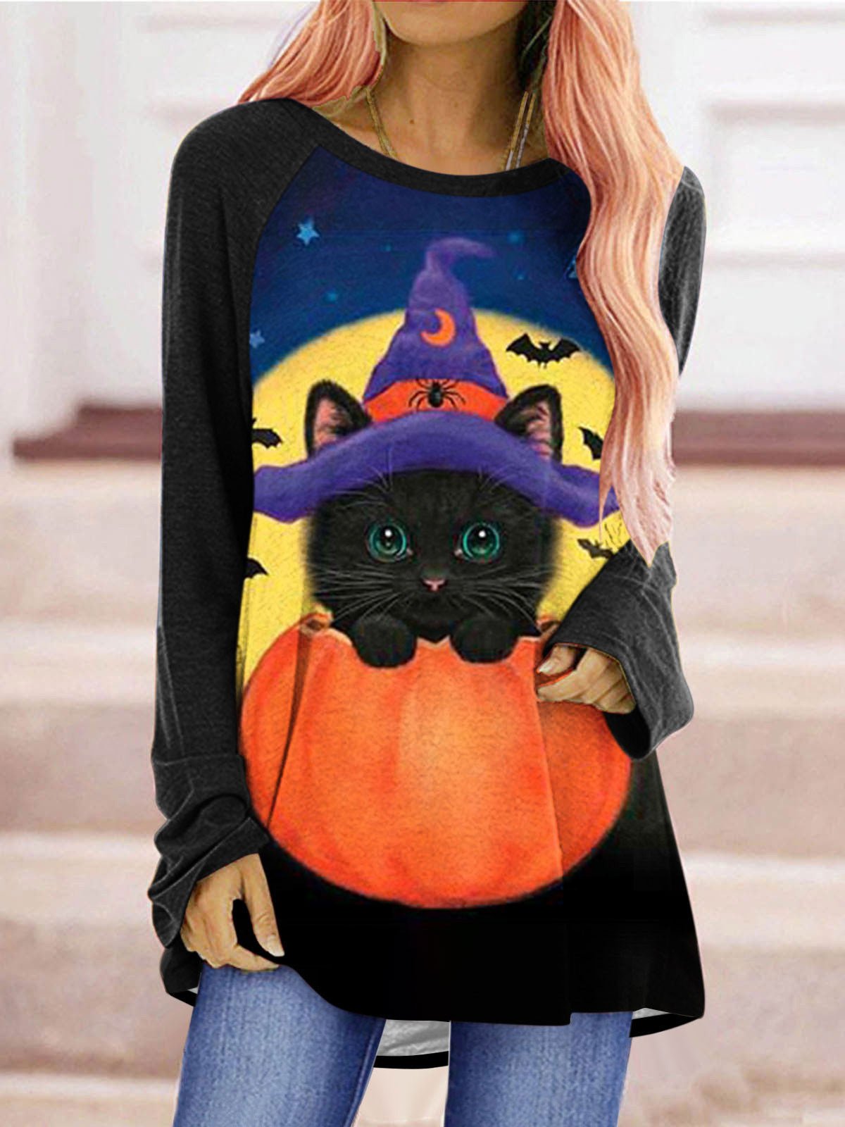 T-Shirts - Cat Pumpkin Print Crew Neck Long Sleeve T-Shirt - MsDressly