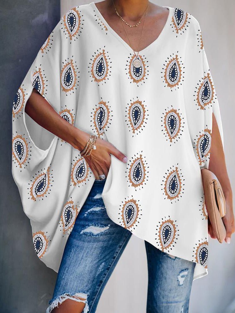 T-Shirts - Feather Print Doll Sleeve Casual T-Shirt - MsDressly