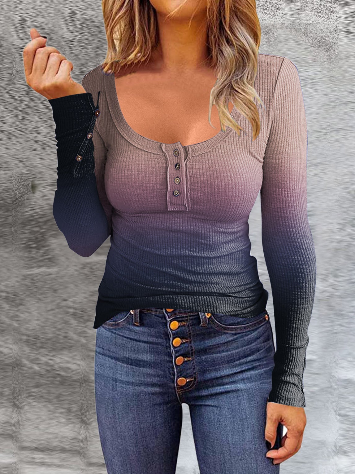 T-Shirts - Gradient Round Neck Button Long Sleeve T-Shirt - MsDressly