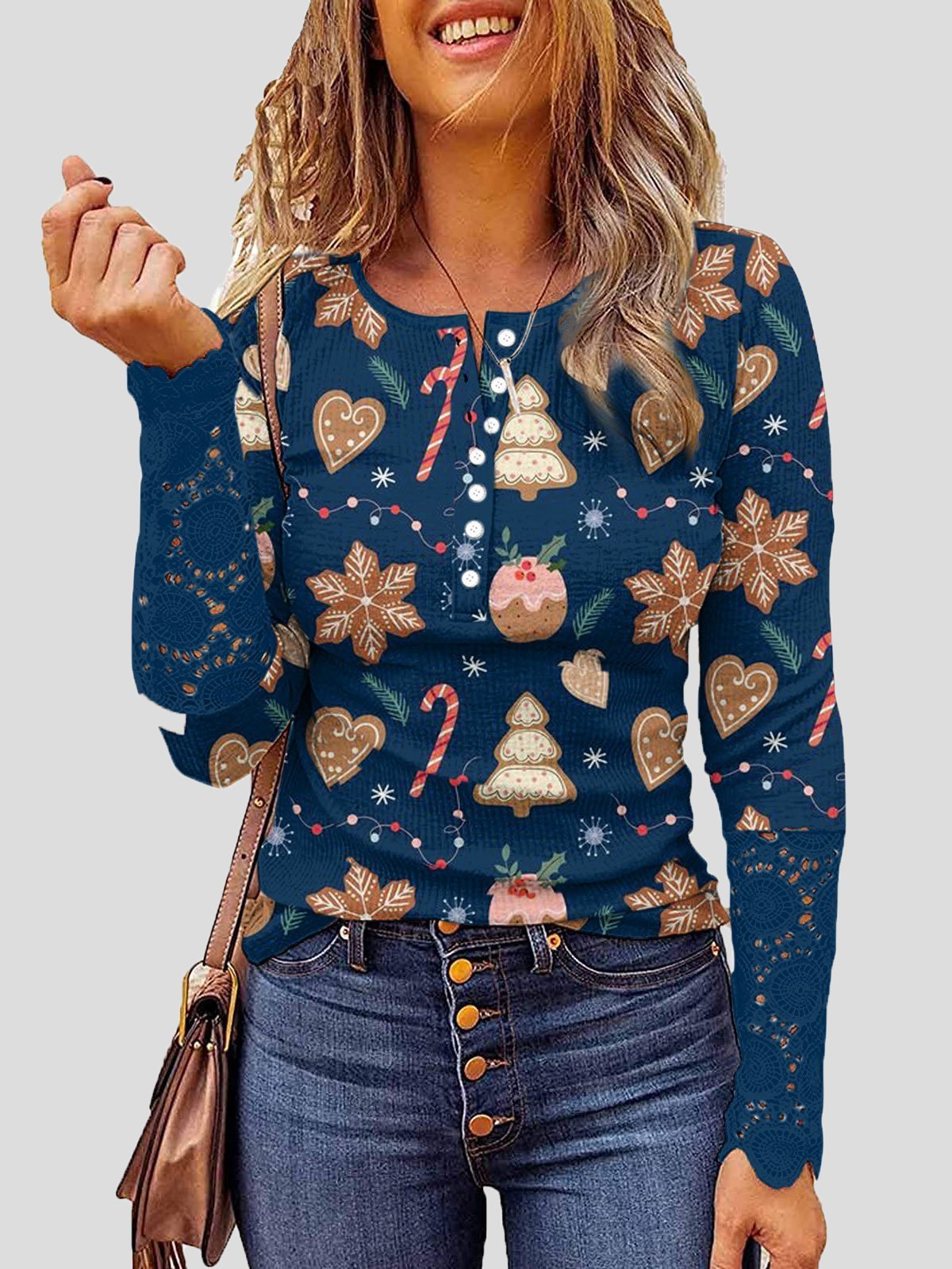 T-Shirts - Lace Christmas Print Button Round Neck Long Sleeve T-Shirt - MsDressly