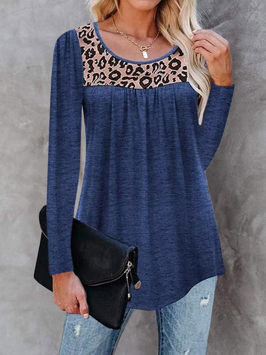 T-Shirts - Leopard Print Round Neck Long Sleeve T-Shirt - MsDressly
