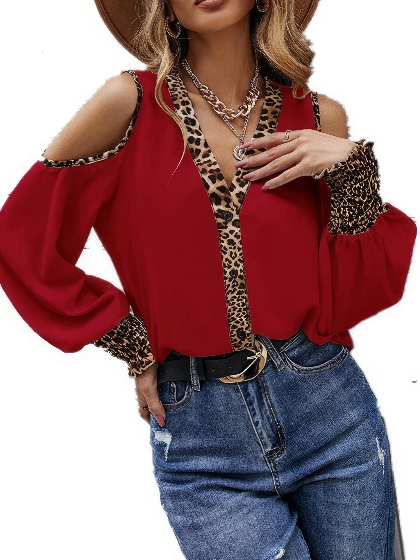 T-Shirts - Leopard Print Stitching V Neck Button Off-The-Shoulder T-Shirt - MsDressly