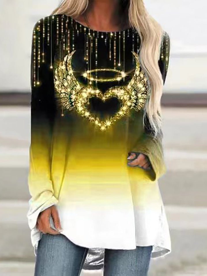 T-Shirts - Loose Crew Neck Heart Print Long Sleeve T-Shirt - MsDressly