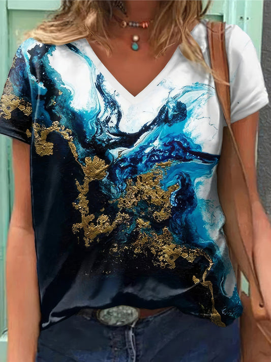 Printed V-Neck Short Sleeve T-Shirt