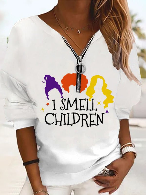 T-Shirts - Printed Zip Long Sleeve Casual T-Shirt - MsDressly