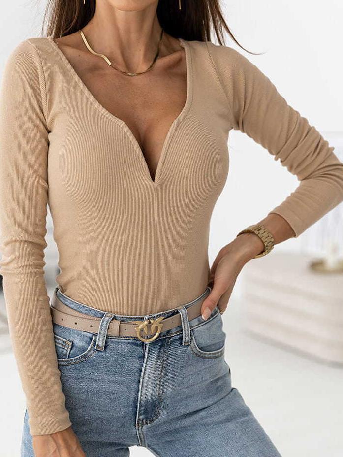 T-Shirts - Solid Deep V-Neck Long Sleeve Ribbed T-Shirt - MsDressly