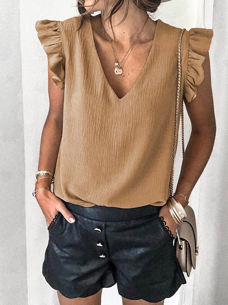 Solid V-Neck Ruffle Sleeve T-Shirt