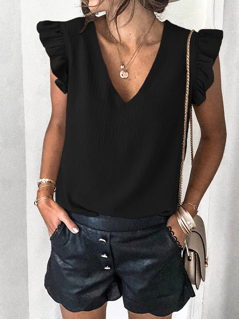 Solid V-Neck Ruffle Sleeve T-Shirt